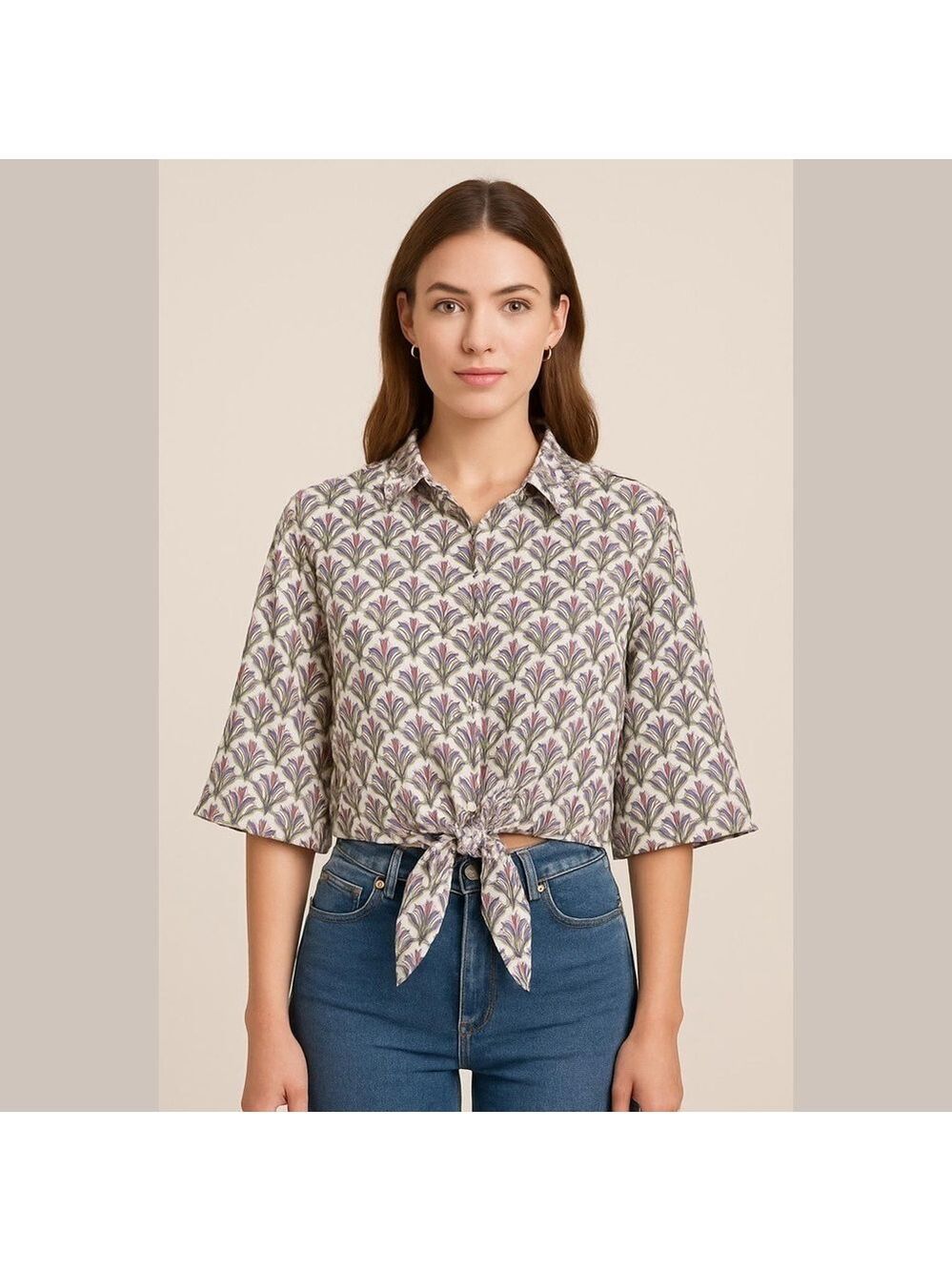Zara Pineapple Jade Green Purple Satin Pajama Style Cropped Top front tie shirt